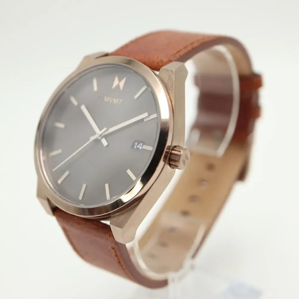 MVMT Element Mens 43mm Brown Bronze Tone Date Watch Leather Strap w New Battery